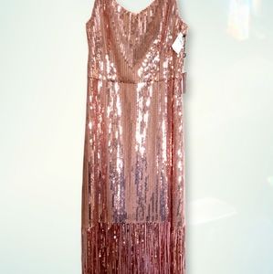 Rose Gold Sequin Fringe Midi Dress sequin dresses with fringe